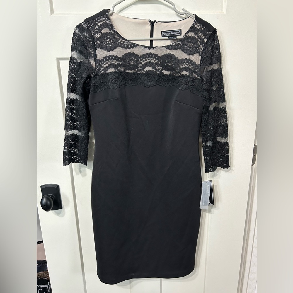 Jessica Howard black lace cocktail mid length evening dress